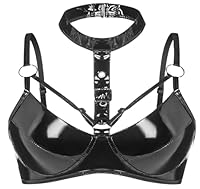 Maeau Damen Leder BH Wetlook Catsuit Unterwäsche Bra Sexy Babydoll Crop Top Push Up Bralette Clubwear EU M (Asie L)