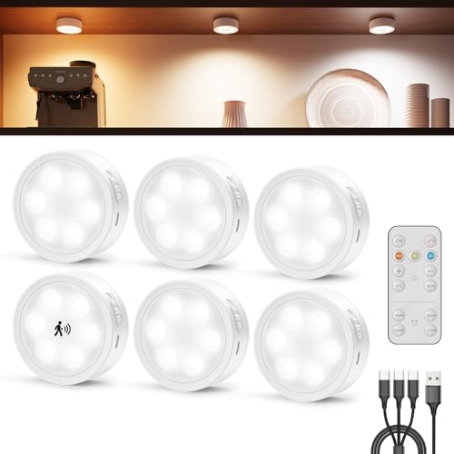 Image of Radar Motion Sensor Puck Lights Rechargeable, Wireless RGB Under Cabinet Lighting with Remote, Color Changing Night Lights USB Magnetic Push Light for Stairs, Shelf, Showcase, 6Pcs, CW