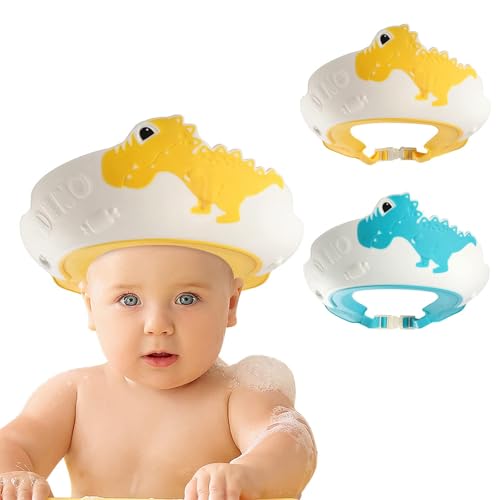 Image of FUNUPUP 2 Pack Adjustable Toddler Hair Washing Bathing Cap Shield Baby Shower Visor Shampoo Cap Protect Baby Eyes (Dinosaur)