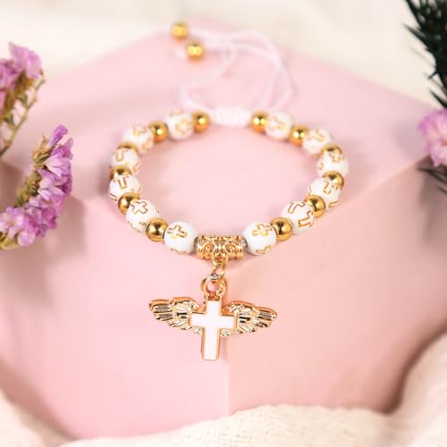 Image of Catholic Cross Bracelet for Girls First Communion Baptism Confirmation Gifts for Teen Girls Virgin Mary Charm Bracelet Handmade Jewelry Gift for Girls Women Easter Gifts for Girls (Gold)