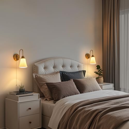 Image of Hardwired Wall Sconces Wall Lighting Set of 2, Modern Ceramic Gold Wall Sconce Light with Pull Chain Switch, Indoor Bedside Wall Lamp Light Fixture for Living Room Bedroom Kitchen Home Office Hallway