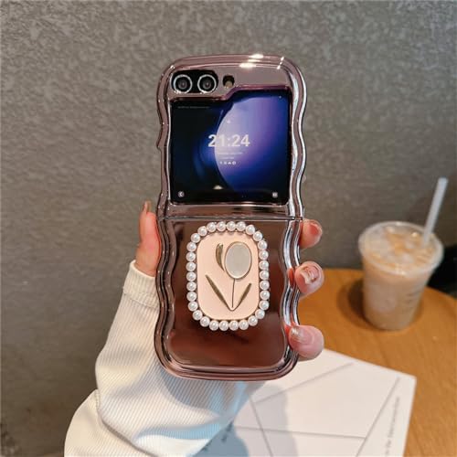 Support téléphone Samsung Z Flip 5 4 3 à bague perle et bord galvanisé