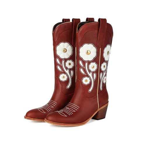Image of Womens Floral Cowboy Boots,Cute Mid Calf Flower Cowgirl Western Country Boot Pointed Toe Chunky Heel Shoes for Women.