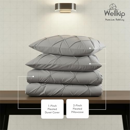 Image of Pinch Pleated Duvet Cover Set 1000TC 100% Cotton Premium 3-Pieces 1-Duvet Cover & 2-Pillow Cover Luxury Look Home and Hotel Zipper & 8-Tie Closure (Light Grey, King 92 X 106 Inch)