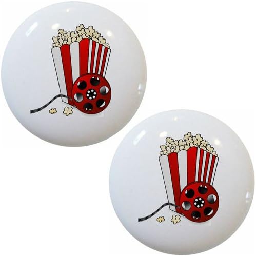 Set of 2 Popcorn and Movie Reel Ceramic Cabinet Drawer Pulls Knobs