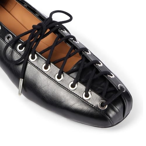 Agodor Lace-Up Ballet Flats Leather Ballerina Flat for Women Slip on Square Round Closed Toe Comfort Business Casual Daily Dress Black Shoes4