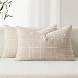 MIULEE Decorative Linen Check Lumar Throw Pillow Covers Neutral Farmhouse Vintage Pillow Covers 12x20 Set of 2 Boho Modern Home Decor for Sofa Couch Bedroom Cushion Natural Beige
