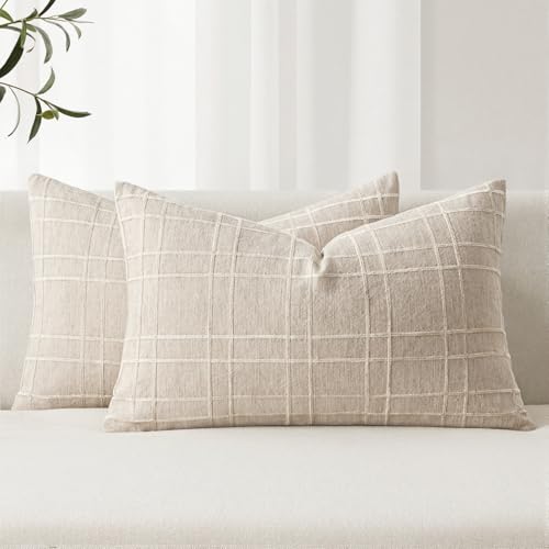 MIULEE Decorative Linen Check Lumar Throw Pillow Covers Neut