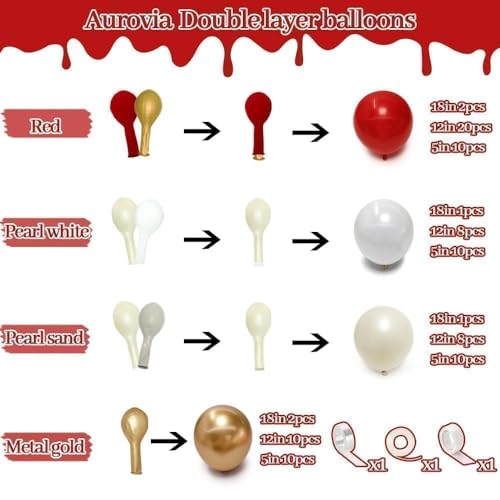 Image of Red White Gold Balloon Garland Double Stuffed Burgundy Red White Sand Pearl Balloon Arch Kit Maroon Wine Balloons for Birthday Bridal Shower Wedding Anniversary Graduation Party Decorations