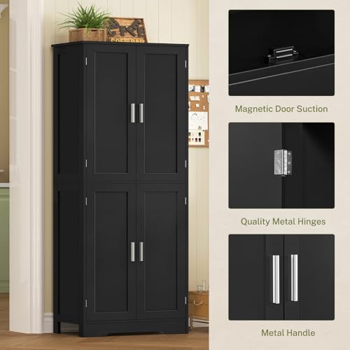 Image of TEENFON 67 inch Storage Cabinet, Kitchen Pantry Cabinet with 4 Doors and 2 Adjustable Shelves, Cupboard, Tall Bathroom Cabinets for Living Room, Kitchen, Bathroom, Black