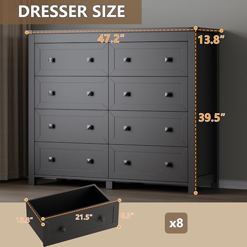 Image of BORNOON Tall 8-Drawer Dresser, Modern Wooden Storage Chest of Drawers, Dresser TV Stand, Wood Drawer Organizer with Metal Handles for Bedroom, Living Room, Hallway