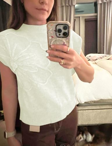 Image of Womens Casual Floral Flower Sweater Vest Crew Neck Sleeveless Summer Loose Ribbed Knit Pullover Tops