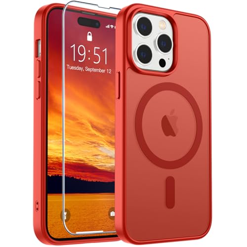 Image of SUPFINE Magnetic for iPhone 14 Pro Case (Compatible with MagSafe) (Military Grade Drop Protection) Slim Translucent Matte Shockproof with Anti-Fingerprint Phone Case,Red