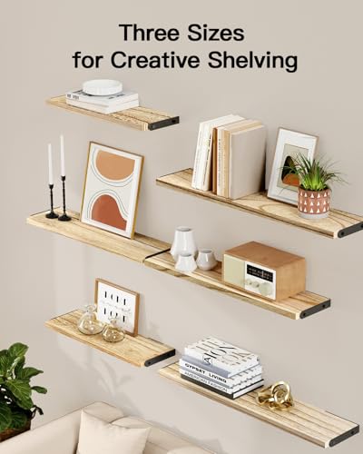 Image of AMADA HOMEFURNISHING Long Wall Shelves, Rustic Farmhouse Style, Wood Floating Shelves for Wall Decor, Bathroom & Bedroom Storage, Living Room Book Shelves, 6pcs