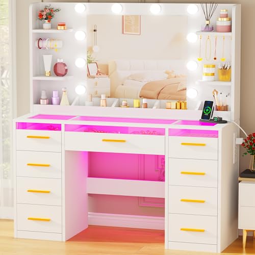 ANWBROAD Dressing Table with Mirror and Lights 3 Colors Large Makeup Vanity Desk Transparent Glass Top with 9 RGB Drawers 4 Shelves Vanity Table with Power Outlet White Bedroom Women YBDT95W