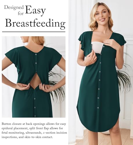 Ekouaer Labor and Delivery Gown 3 in 1 Nursing/Hospital/Breastfeeding/Maternity Flying Short Sleeve Nightgown with Button Dark Green L — view 3