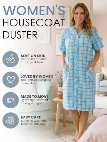 Image of Casual Nights Women's Snap - Front House Dress Short Sleeve Woven Housecoat Duster Lounger Robe with Pockets