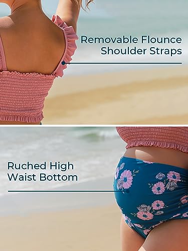 Summer Mae YZ-SMYF0936-PI-L Maternity High Waist Bikini Swimsuit Two Piece Ruffled Hem Cute Bathing Suit Floral Pregnancy Swimwear Pink L thumb #4