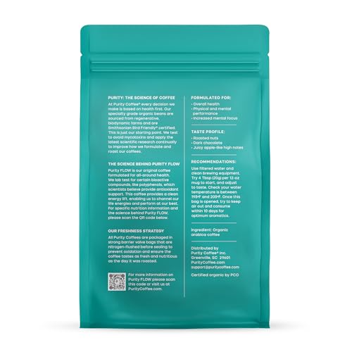 Purity Coffee FLOW Original Medium Roast Ground Coffee for Focus and Clean Energy - USDA Organic and Third-Party Tested for Antioxidants, Mold, Mycotoxins and Pesticides - 12oz