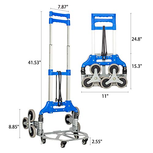 Fullwatt Stair Climber Cart, 15 Inch Height Adjustable Aluminum Portable Folding Stair Climbing Cart Tri-Wheels with Bungee Cord Heavy Duty All Terrain Stair Climbing Hand Truck (Blue)