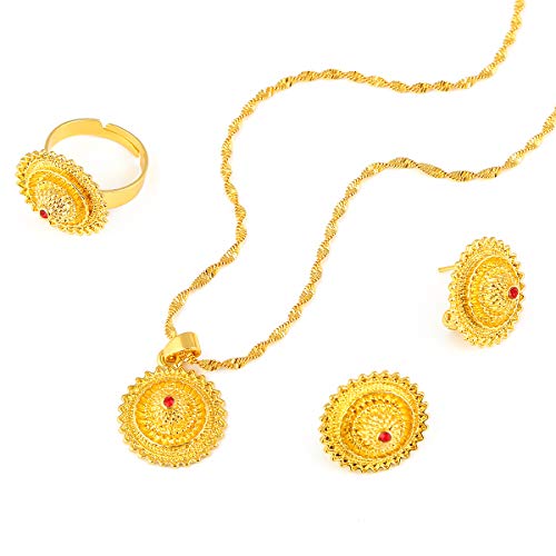 Flower Jewelry Set Ethiopian Gold Jewelry Sets Earrings Pendant Ring with Stone African Habesha Nigeria Jewelry Flower Jewelry Set Ethiopian Gold Jewelry Sets Earrings Pendant Ring with Stone African Habesha Nigeria Jewelry