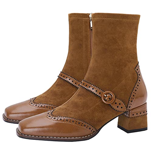 U-lite Women's Elastic Suede Fall Winter Square Toe Shoes, Leather Mid Heel Ankle Boots, Buckle Strap Embellishment Booties