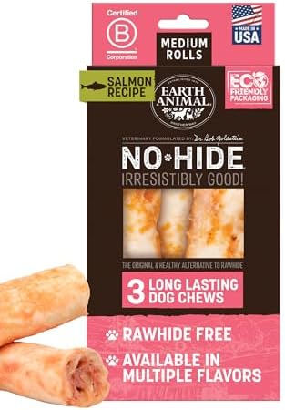 Earth Animal No Hide Chews - Long Lasting Rawhide Free Medium Dog Chews Rolls, Salmon - 3 Count Value Pack