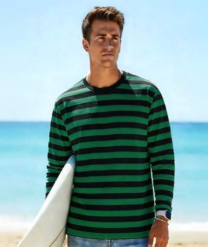 Image of KESIHAN Mens Striped Long Sleeve Shirt Crewneck Casual Basic Stripe Tee | Crewneck long sleeve striped tee with cotton spandex fabric,casual regular fit basic style for daily wear and layering.