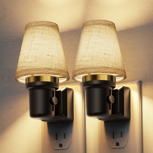 Image of L LOHAS LED Night Lights Plug into Wall, 2 Pack Linen Fabric Round Platform Decor Night Light, Dusk to Dawn Sensor Vintage Nightlight, 0-100LM Dimmable, for Bedroom Living Room Hallway