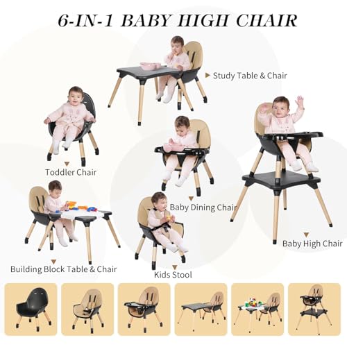 Image of 6 in 1 High Chair for Babies & Toddlers, Convertible Wooden Baby Highchair, Table and Chair Set, Baby Feeding Chair, 5-Point Adjustable Harness /4-Position Removable Tray& PU Seat Cushion (Black)