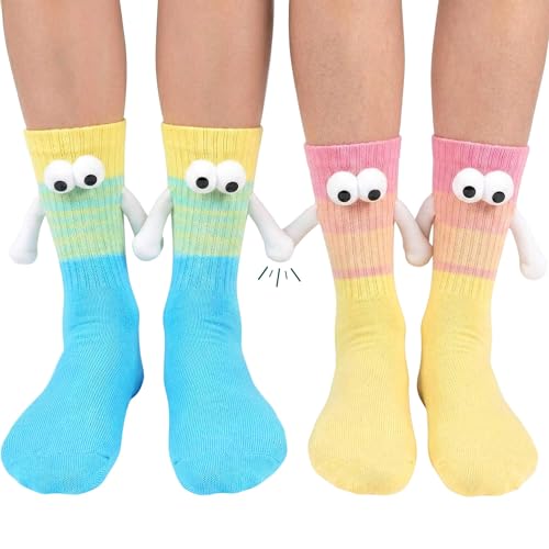 YKW Magnetic Crazy Socks - 2 Pairs Fun Cartoon Character Socks That Hold Hands - Unique Novelty Gifts for Men Women Best Friends (Yellow-Blue & Pink-Yellow)
