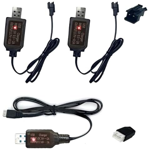 2-in-1 USB Battery Charger Cable Set - Includes 3.7V SM-2P and 7.4V XH-3P Connectors for RC Cars, Stunts, Trucks, Vehicles, Drones, and Gel Blaster Toys with LED Indicators Cover