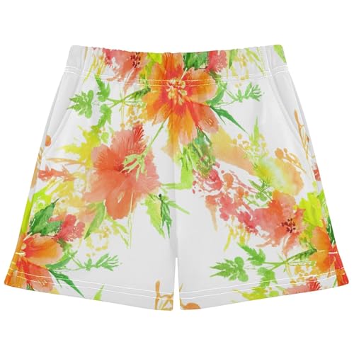 Girls Shorts Orange Flowers Floral Youth Summer Athletic Comfy Pajama Shorts Kids Teens Custom Personalized, X-Small