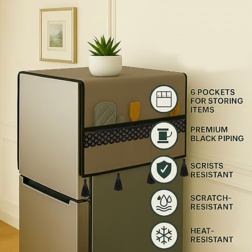 Image of Refrigerator Single Door Waterproof, Dustproof, Tassel Lace Refrigerator Top Cover, Protective Cover for Fridges with Extra Storage Space Nylon Top cover with 6 Storage Pockets ( Golden, 130 x 54 cm )