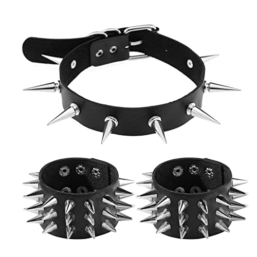 Soft Faux Leather Choker Collar with Spiked,Punk Rock Necklace and Bracelets Emo Jewelry Set for Women Men Cosplay