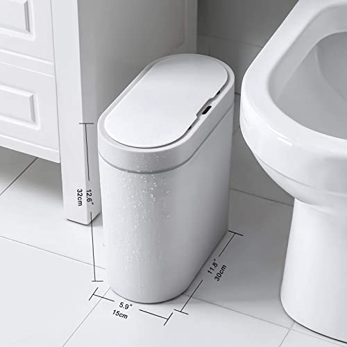 Elpheco Bathroom Trash Can, 2.5 Gallon Waterproof Motion Sensor Small Bathroom Trash Can With Lid, Slim Plastic Narrow Bedroom Trash Can Office Trash Can, White #TOP3