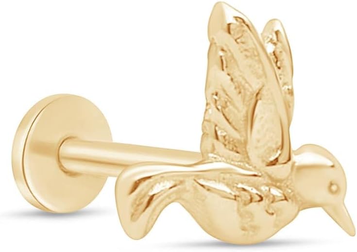 Hummingbird Stud in Solid 14k Gold, Earring for Women and Men, Hypoallergenic, Comfy Flat Backed Earring For Sensitive Ears, New Piercing, Minimalist SINGLE STUD or PAIR