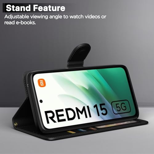 Image of Pikkme Flip Cover for Redmi 15 5G Leather Finish | Inside TPU with Card Pockets | Wallet Stand and Shock Proof | Complete Protection Flip Case(Black)