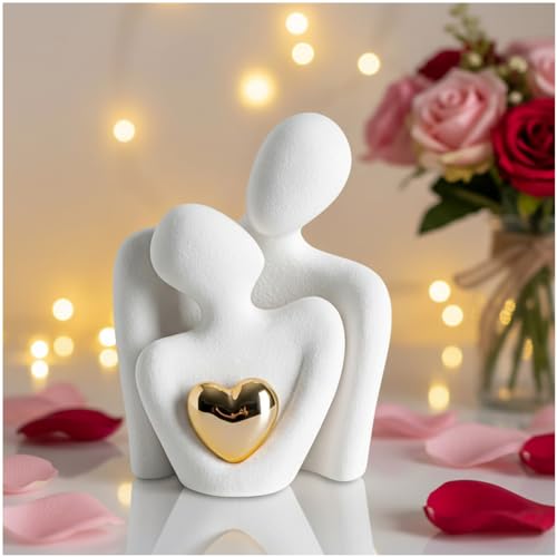 TIED RIBBONS Romantic Couple Hug Statue with Golden Heart Sculpture (White, 8.5 cm x 6.5 cm) - Valentine’s Day Love Showpiece for Home Décor | Ideal Gift for Girlfriend, Boyfriend, Wife & Husband