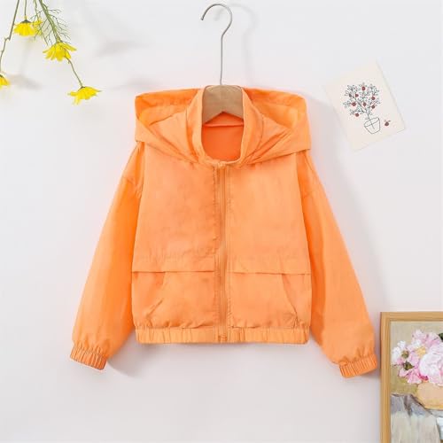 Kids Girls Waterproof Windbreaker Jacket Solid Color Long Sleeve Zip Up Hoodie Boys Lightweight Orange 11-12 Years2