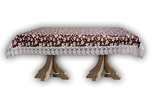 Image of The Furnishing Tree Waterproof PVC Rectangle Shaped Center Table Cover WxL 40x60 inches Floral Pattern Brown White with White Border lace
