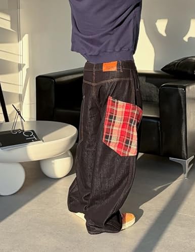 Aelfric Eden Baggy Barrel Jeans Plaid Big Pocket Wide Leg Denim Pants Unisex Casual Oversized Y2K Streetwear Hip Hop Jeans Black 30 — view 3