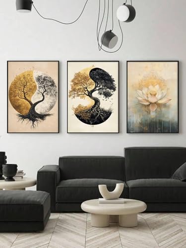 Cadre 80 x 120 cm x 3 triptyque moderne fleur de lotus - 2