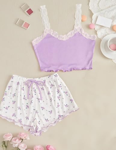 Image of Girece Sexy Pajama Set for Women 2 Piece lounge Set Floral Cami and Shorts Lingerie Set Cute Pjs Lace Trim Sleepwear