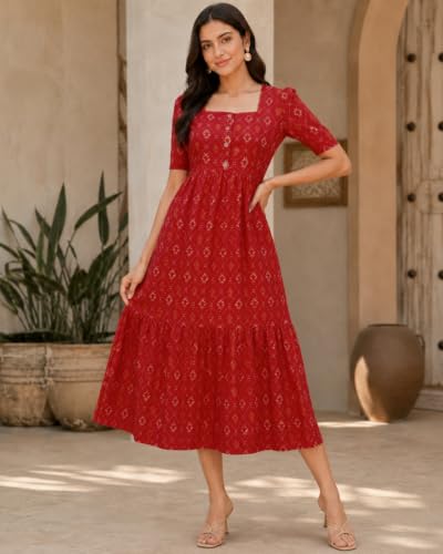 Image of Sun Fashion And Lifestyle Chanderi Printed Dress for Women | Western Dresses for Women | One Piece Midi Dress | Fit and Flare Dress | A-line Dress (KT74 Blue)