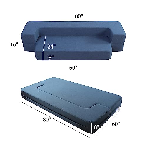 Maxdivani Wotu Folding Bed Couch 8" Fold Out Couch Sofa Bed Memory Foam Mattress Comfortable Sofa, Floor Couch Sleeper Sofa Foam Queen, Dark Blue #TOP2