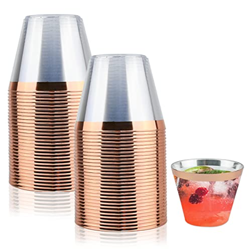 Paket med 60 plastmuggar, Lre Co. drickskopp Återanvändbar 255 ml plastmugg Dessert för festbröllop Camping picknickdekoration (Transparent med roséguldkant)