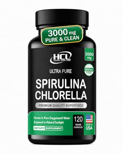 Chlorella Spirulina Powder Capsules 3000 mg of BMAA Free Purest Blue Green Algae - Best Natural Detox Raw Vegan Vitamins Protein Green Superfood - Made in USA