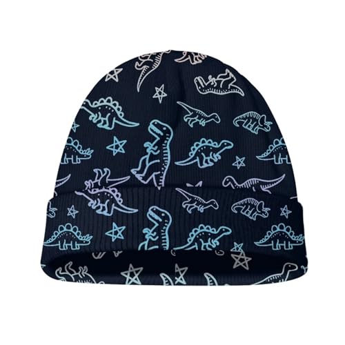 Babrukda 1 Piece Girls Boys Knit Beanie, Dinosaur Stripes Print Winter Hats for Kids, Soft Warm Girls' Boys' Beanies, Skull Cap Headwear for Cold Weather Winter