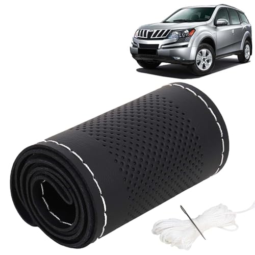 Image of KINGSWAY PU Leatherite Car Steering Cover Sewable Compatible with Mahindra XUV 500 (Year 2011-2015), Black Color with Silver Thread, Pack of 1 with Sewing Needle and Thread